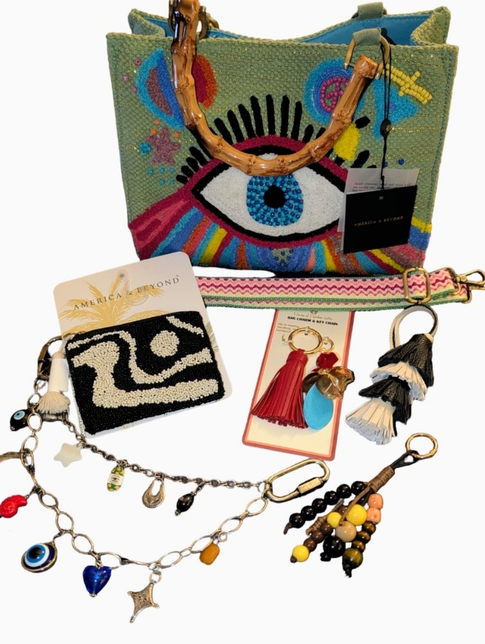 America & Beyond Accessories Lot; Handbag W/ X-bod Strap, Charms & Beaded Pouch